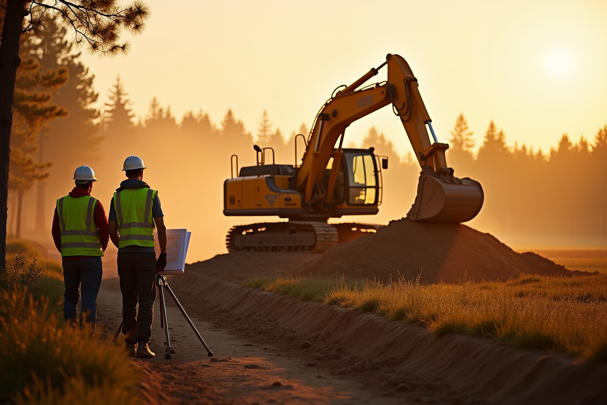 Machinerie lourde excavant un terrain rural au coucher du soleil
