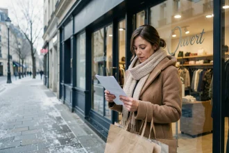 Femme devant un magasin ouvert le 1er janvier consultant sa liste de courses du Nouvel An