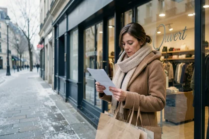Femme devant un magasin ouvert le 1er janvier consultant sa liste de courses du Nouvel An
