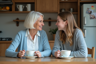 Femme et fille partageant un thé dans la cuisine chaleureuse