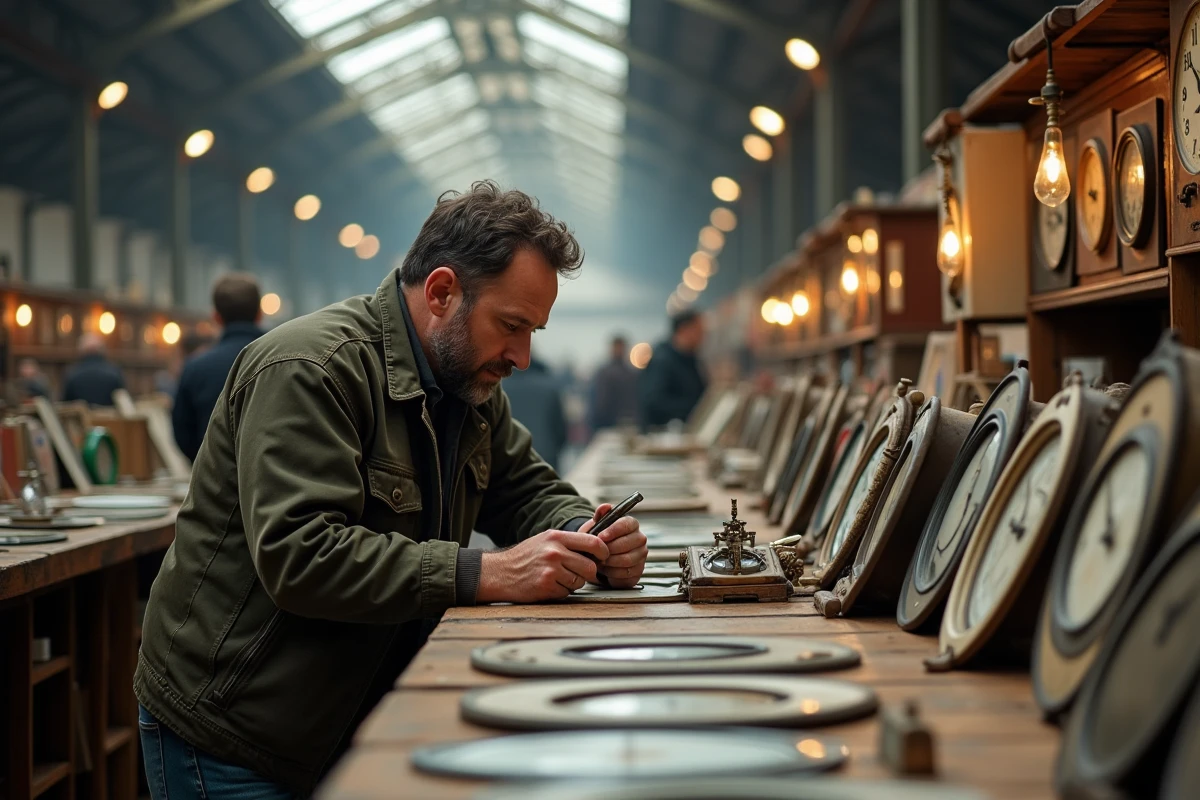 Marché aux puces intérieur près de Nancy avec collectionneurs inspectant des objets anciens dans une halle industrielle