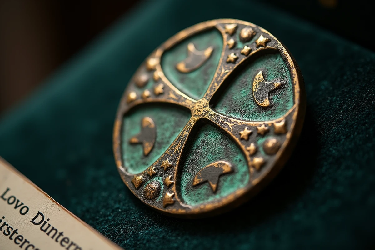 Médaillon en bronze de la croix des Templiers avec patine ancienne posé sur velours sombre dans un contexte muséal