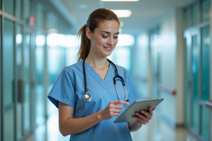 Medecin femme en blouse moderne consulte un dossier digital