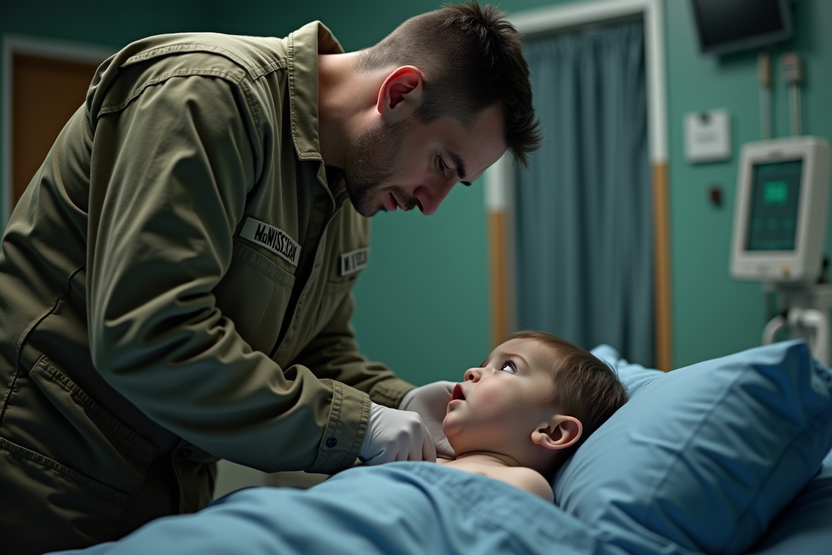 Médecin de la Royal Air Force soignant un enfant dans un hôpital de campagne lumineux
