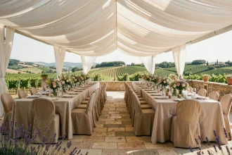 Vue panoramique d'une salle de réception en Occitanie avec terrasse en pierre, tables dressées et vignobles en arrière-plan