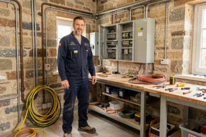 Électricien professionnel en Côte-d'Or devant un tableau électrique résidentiel avec ses outils