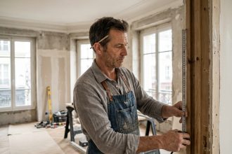 Artisan mesurant l'encadrement d'une future porte battante type verrière dans un appartement en rénovation