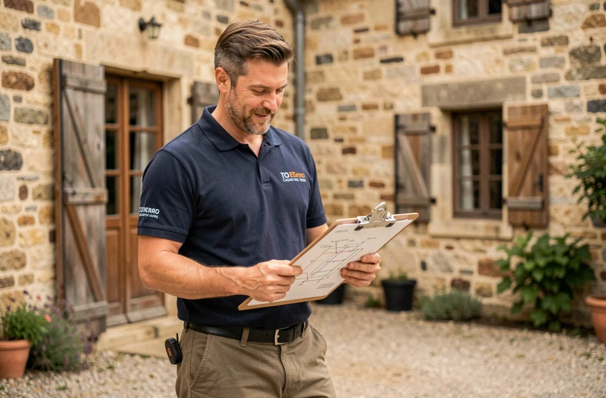 Artisan électricien MH-Services Humberset Matthias devant une ferme en pierre en Côte-d'Or