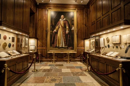 Salle de musée consacrée à l'héritage de Henri VIII Tudor avec une grande peinture à l'huile royale et des artefacts historiques en exposition