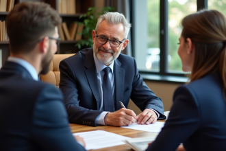 Notaire expliquant des documents immobiliers à un jeune couple
