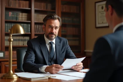 Notaire en costume sombre expliquant des documents juridiques &agrave; un client dans un bureau traditionnel aux &eacute;tag&egrave;res remplies de livres de droit
