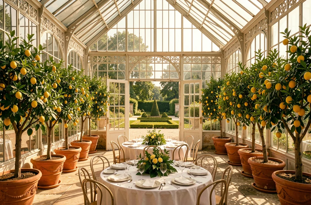 L'Orangerie de Neuville en Haute-Garonne avec structure en verre et fer forgé, citronniers en pot et tables de réception botaniques