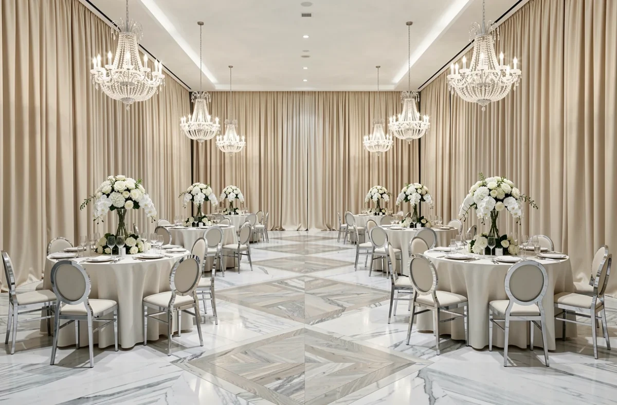 Salle de réception haut de gamme du Palladia à Toulouse avec sol en marbre, plafond à lustres en cristal et tables de gala