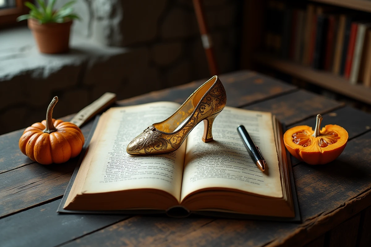 Pantoufle de verre posée sur une table en chêne ancien avec un livre de contes ouvert et une plume, comparaison des versions du mythe de Cendrillon