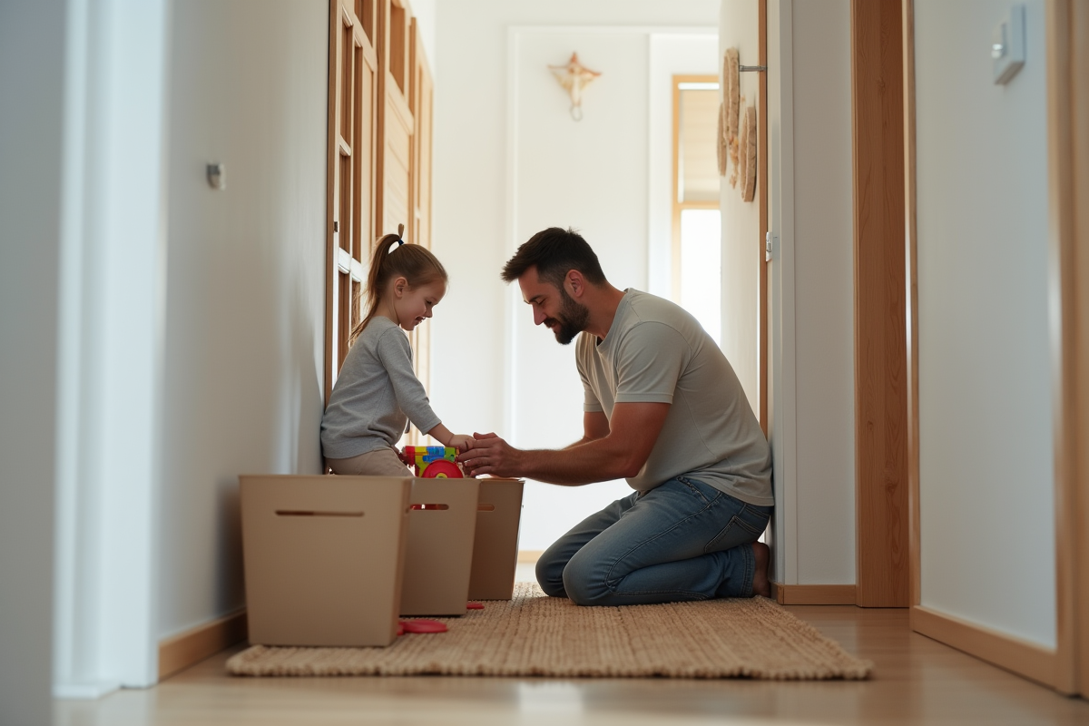 Père et fille arrangeant des jouets dans un couloir