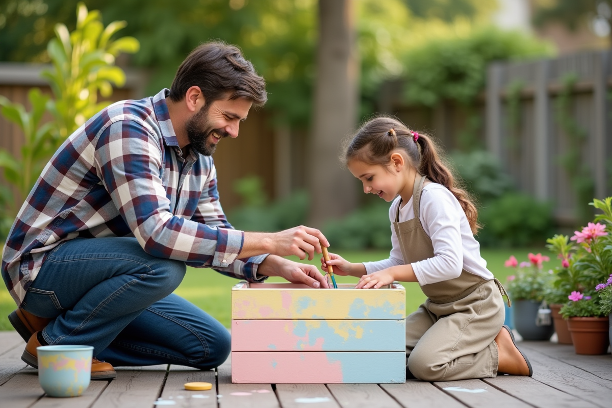 Père et fille peignant un jardinière en extérieur