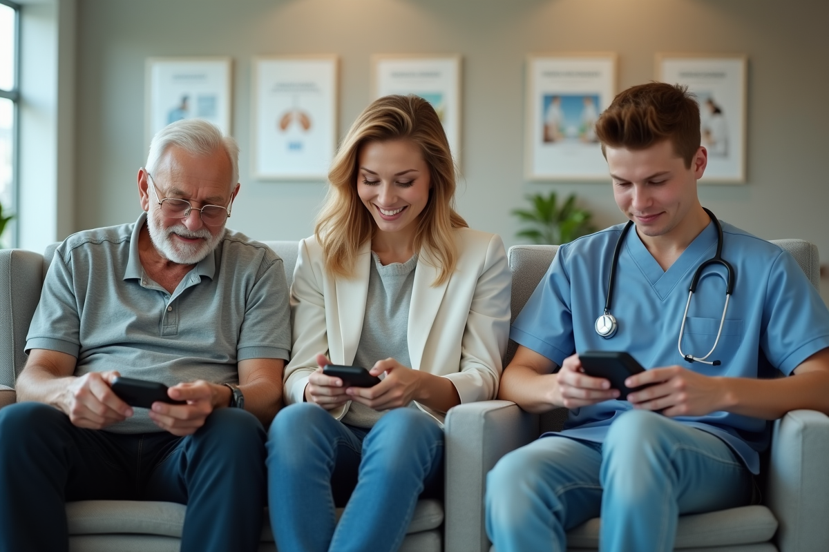 Groupe de patients avec appareils connectes en salle d attente