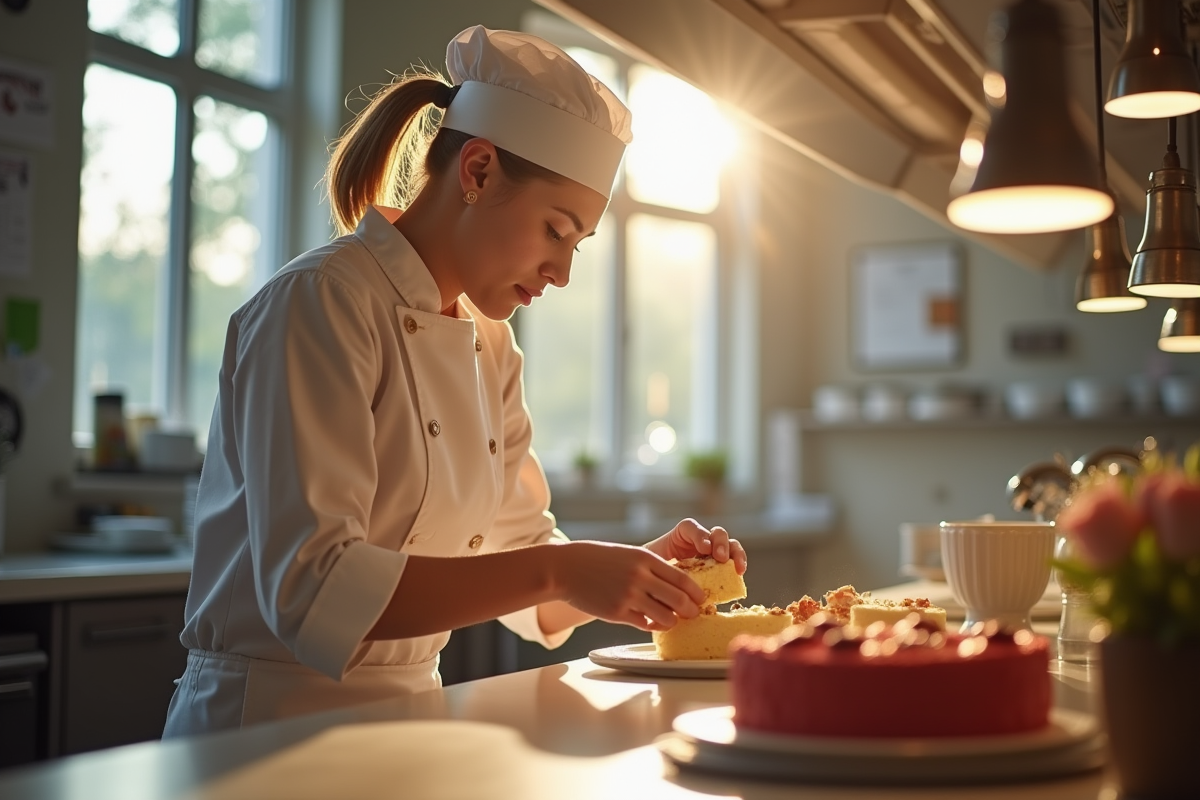 Chef pâtissier décorant un gâteau dans une cuisine ensoleillée