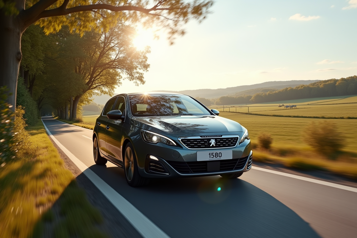 Peugeot 308 en mouvement sur une route de campagne en plein jour
