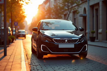 Peugeot 308 moderne sur une rue urbaine ensoleillee