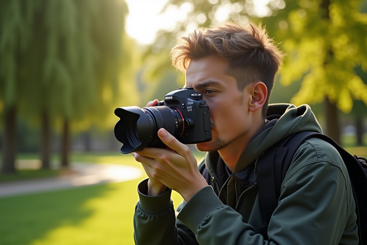 Personne ajustant un appareil photo DSLR dans un parc ensoleille