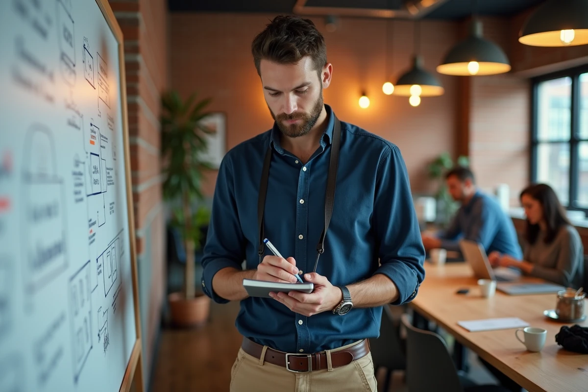 Photographe entrepreneur prenant des notes devant un tableau blanc dans un espace de co-working, planifiant son activité photo