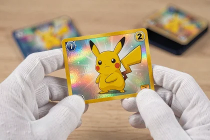 Carte Pikachu ex Étincelles Déferlantes tenue avec des gants blancs de protection pour collectionneurs