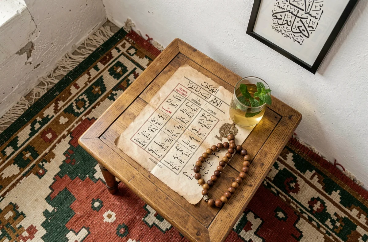 Planning des heures de prière en français et arabe posé sur un tapis marocain dans un appartement à Marseille