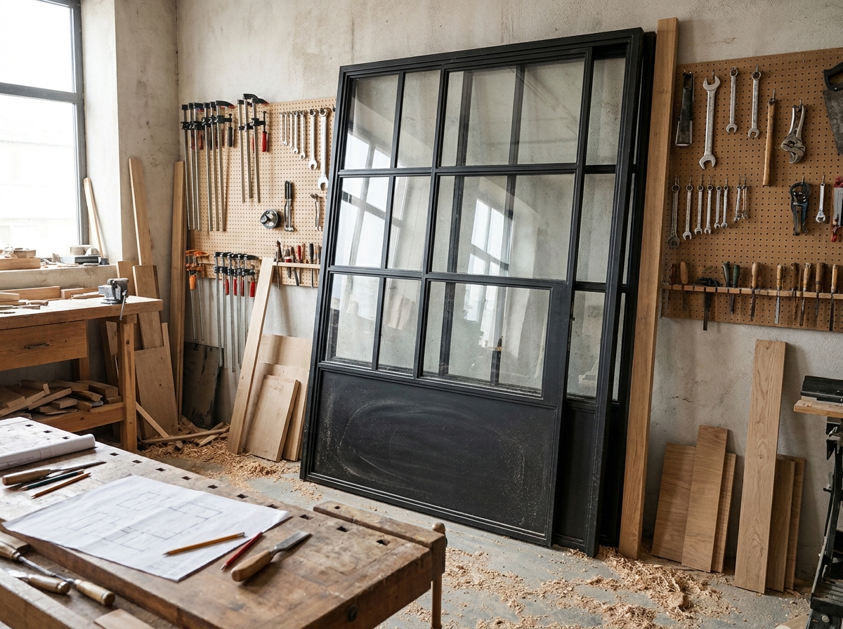 Porte battante style verrière en acier noir avec petits carreaux vitrés posée dans un atelier de menuiserie
