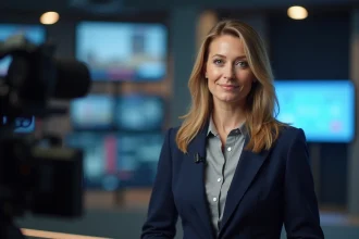 Présentatrice de télévision dans un studio de radio matinale, evoquant le retrait d'une animatrice vedette de sa matinale