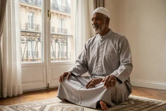 Homme en djellaba effectuant sa prière sur un tapis dans un appartement parisien avec vue sur les toits haussmanniens
