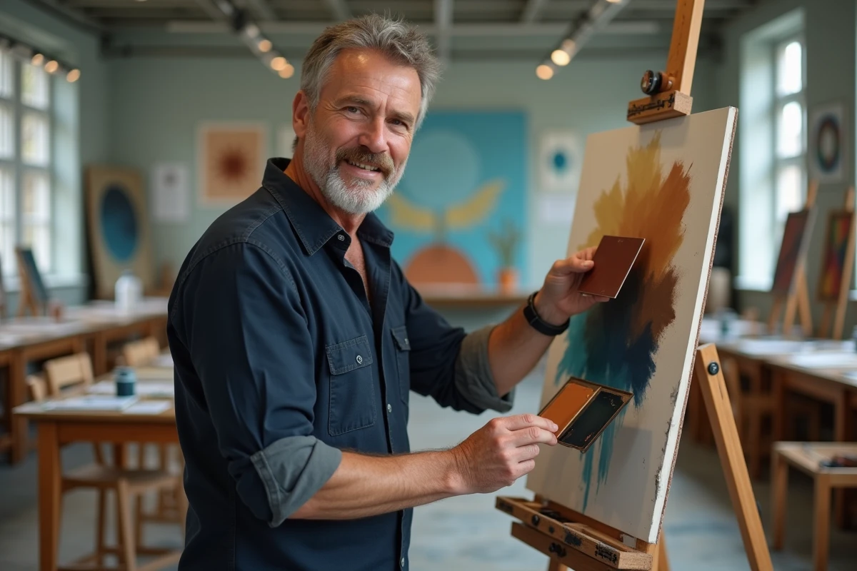 Professeur d'art expliquant comment mélanger des tons de marron froid avec de l'ocre et du bleu dans une salle de cours