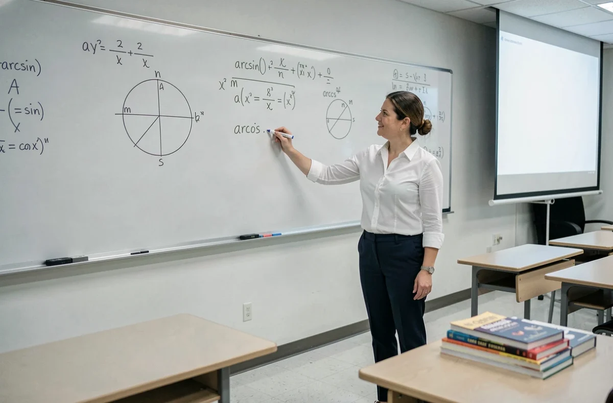 Professeure de mathématiques expliquant la fonction arcsin au tableau blanc dans une salle de classe