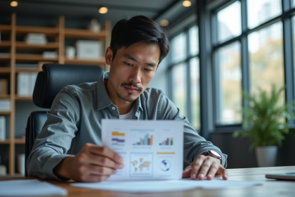 Jeune professionnel étudiant un diagramme blockchain dans un bureau moderne