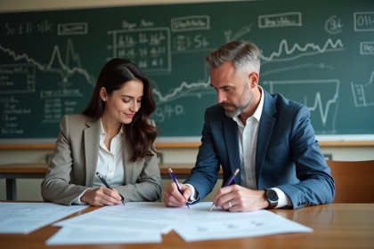 Deux professionnels examinent des plans dans une salle moderne