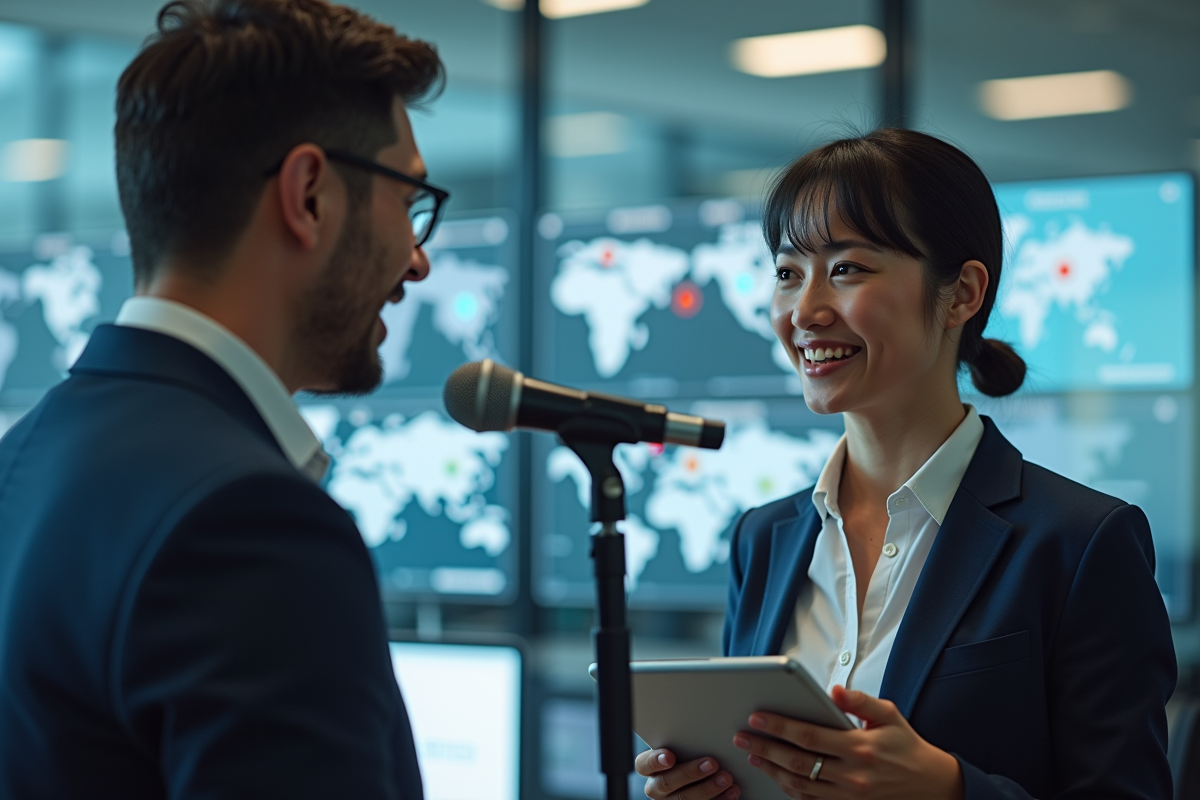 Deux professionnels en traduction dans un bureau lumineux avec écrans multilingues