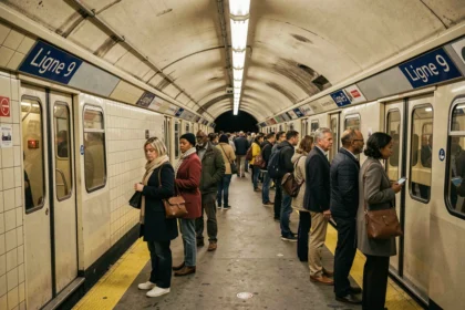 Quai bondé de la ligne 9 du métro parisien en soirée avec des voyageurs attendant la rame