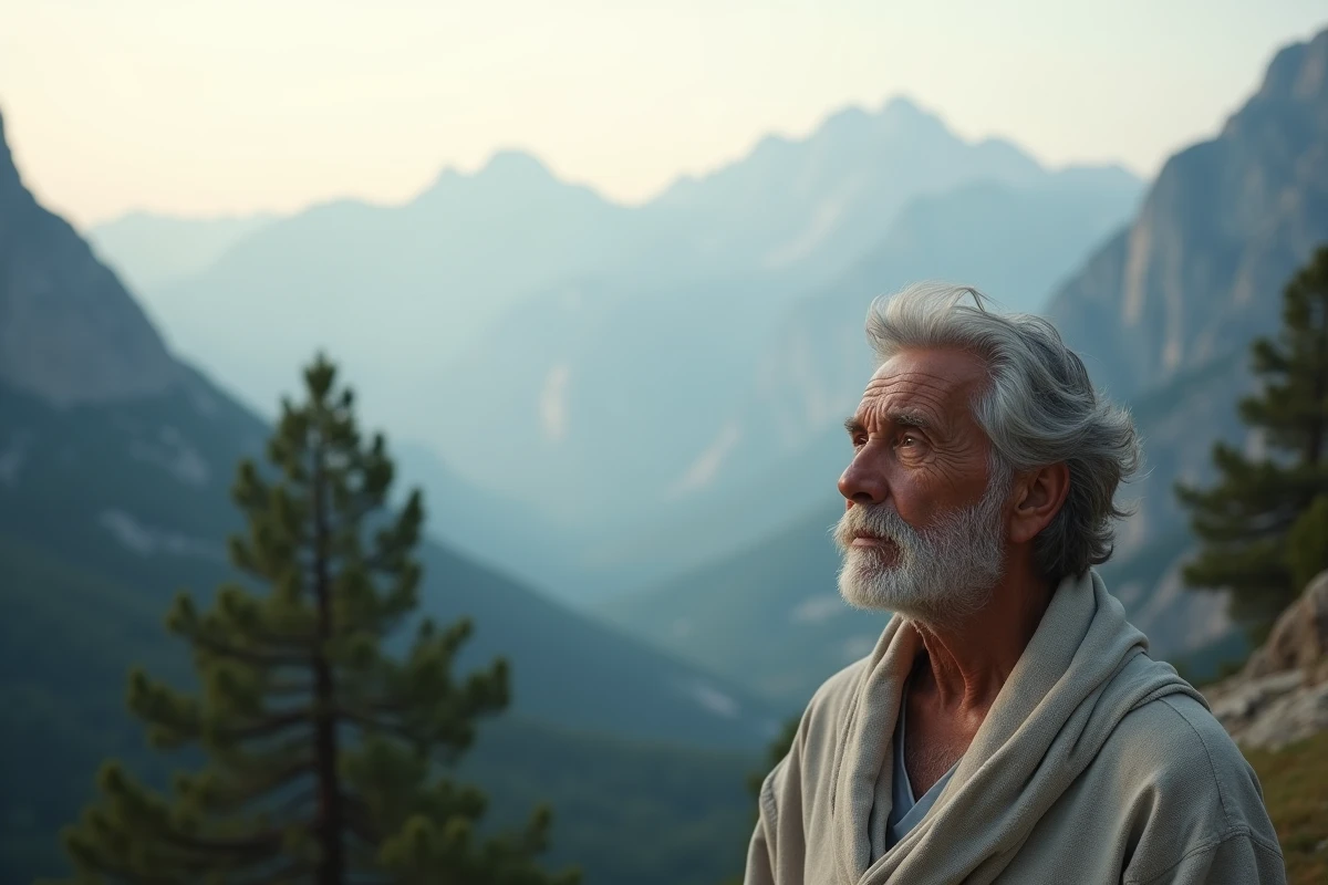 Vieil homme en robe de lin au sommet d'une montagne brumeuse, évoquant la quête spirituelle et la notion d'âme sœur dans les traditions ancestrales