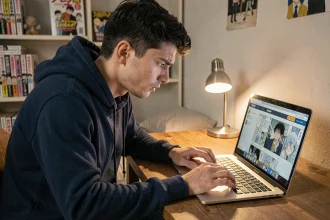 Jeune homme cherchant un scan de manga introuvable sur son ordinateur portable