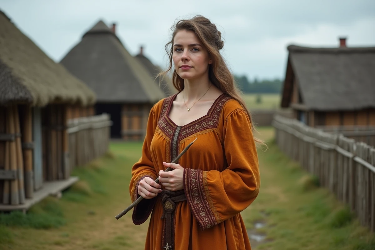 Reconstitution historique d'une femme viking du IXe siècle dans un village scandinave reconstitué, illustrant le quotidien des épouses de chefs vikings dans la série Vikings