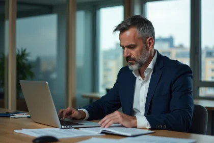 Recruteur homme en blazer bleu examine profils candidats