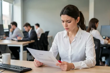 Recruteuse en bureau moderne relisant un CV avec un stylo rouge, sourcils légèrement froncés face à une erreur typographique