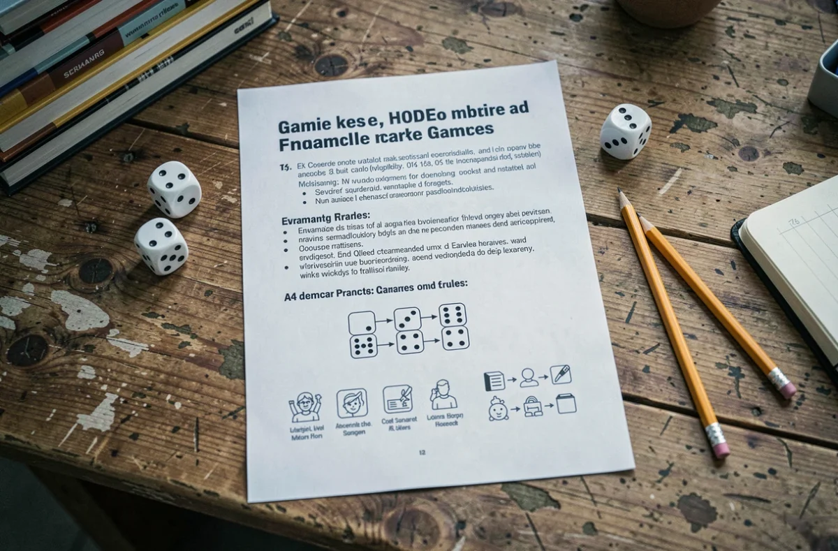 Fiche de règles du 421 imprimée en format A4 avec dés et crayon sur un bureau en bois