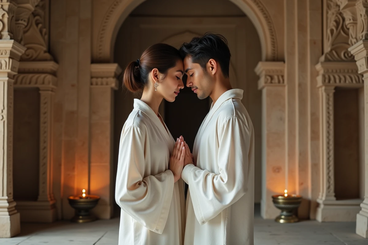 Homme et femme se touchant le front dans un temple ancien, illustrant la rencontre spirituelle de deux âmes sœurs dans une tradition sacrée