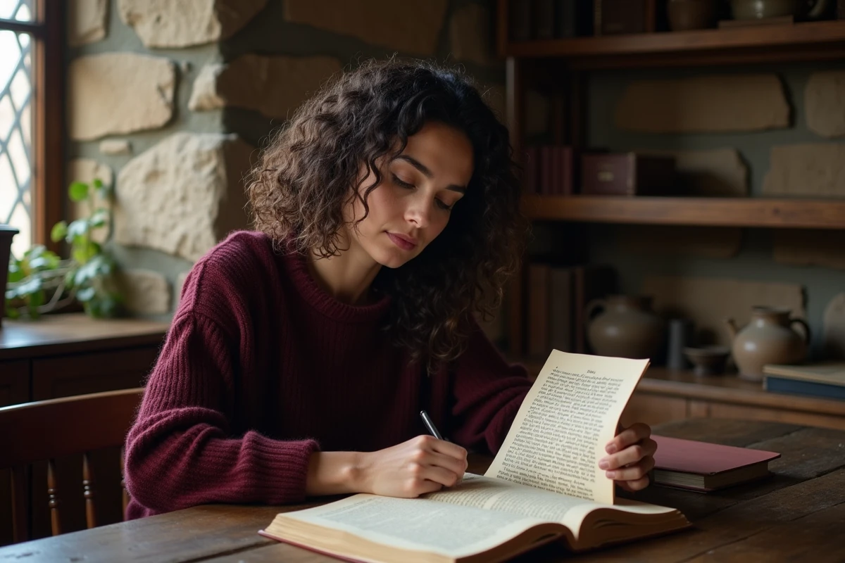 Romancière tenant un manuscrit dans un bureau de style médiéval avec objets d'époque