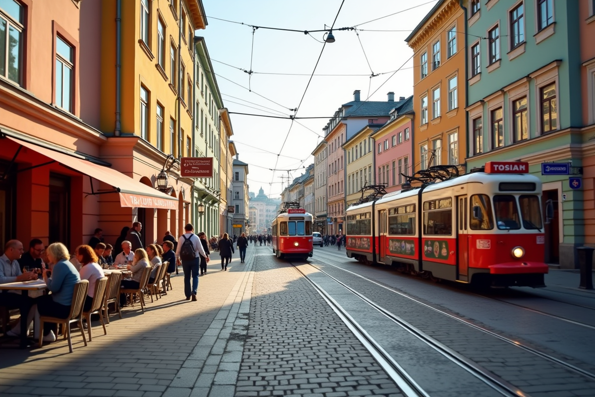 Scène de rue animée à Helsinki avec bâtiments pastel et cafés