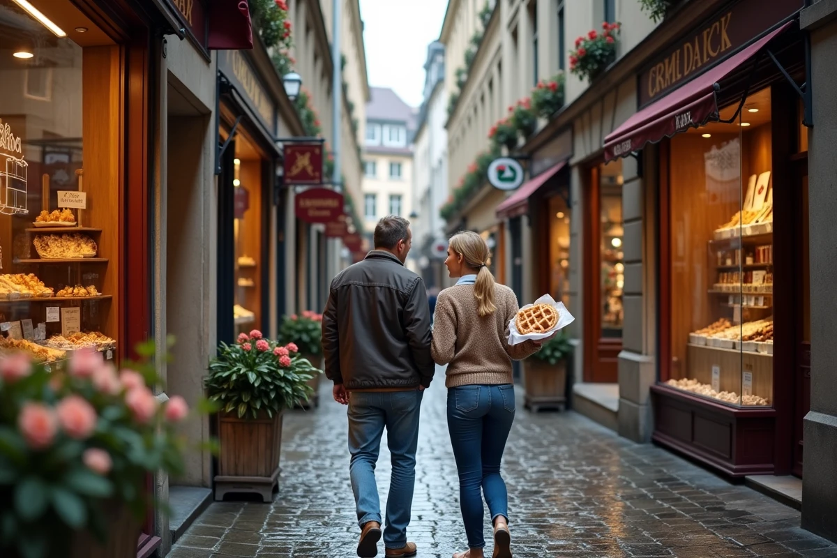 Couple se promenant dans une ruelle artisanale de Bruxelles avec gaufres et boutiques de chocolat belge