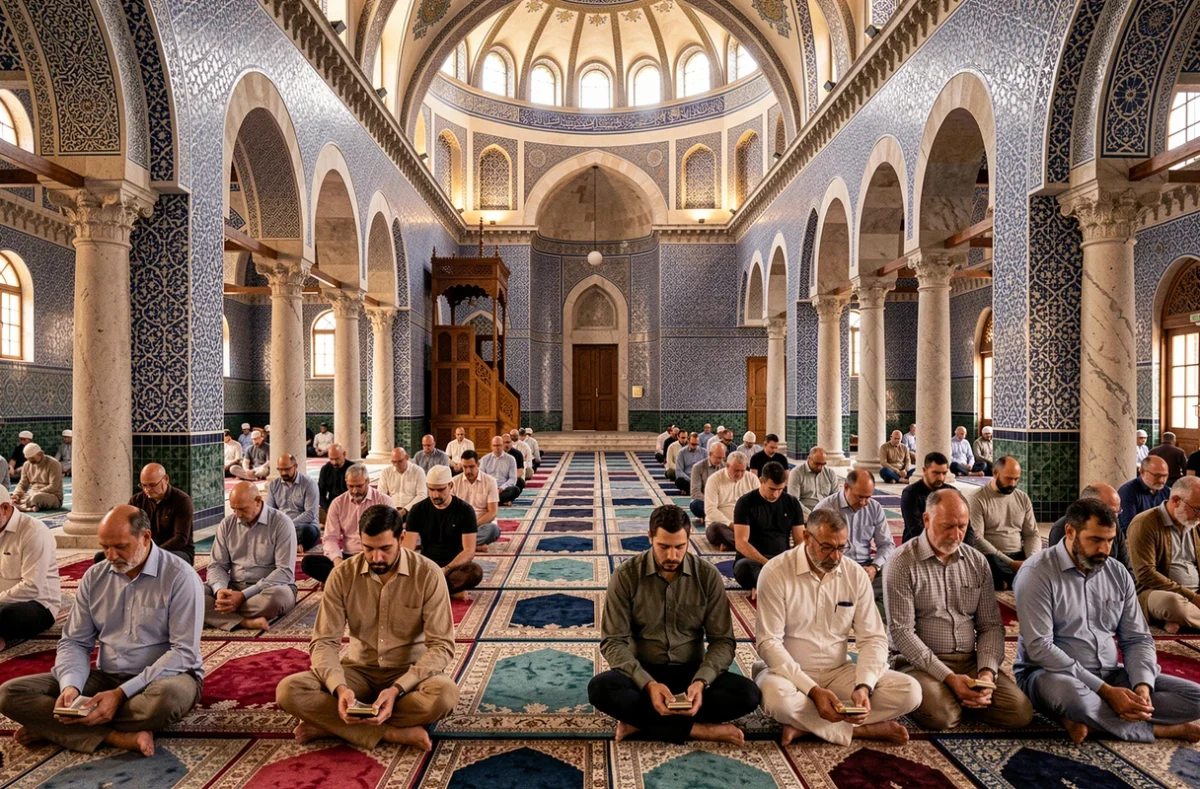 Intérieur d'une salle de prière d'une mosquée parisienne avec des fidèles assis avant l'heure de la prière