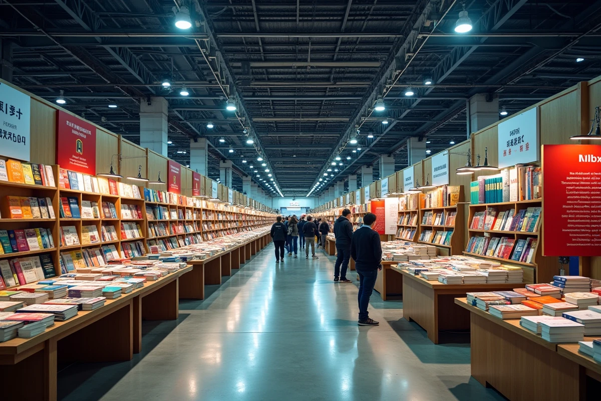 Vue large d'un salon international du livre avec des stands multilingues et des visiteurs du monde entier, illustrant la portée mondiale des livres les plus vendus