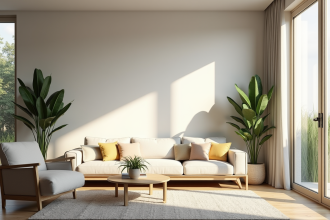 Salon moderne avec grande fenetre et plantes tendance 2025